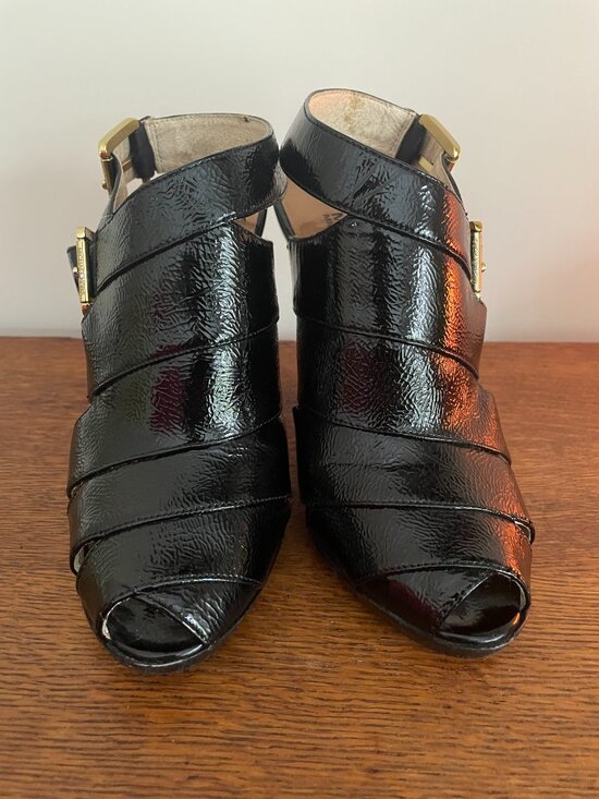 Michael Kors | Shoes | Michael Kors Black Patent Gold Mk  Michael Kors Patent Leather Slingback Heels Black Gold Buckle Size 8.5